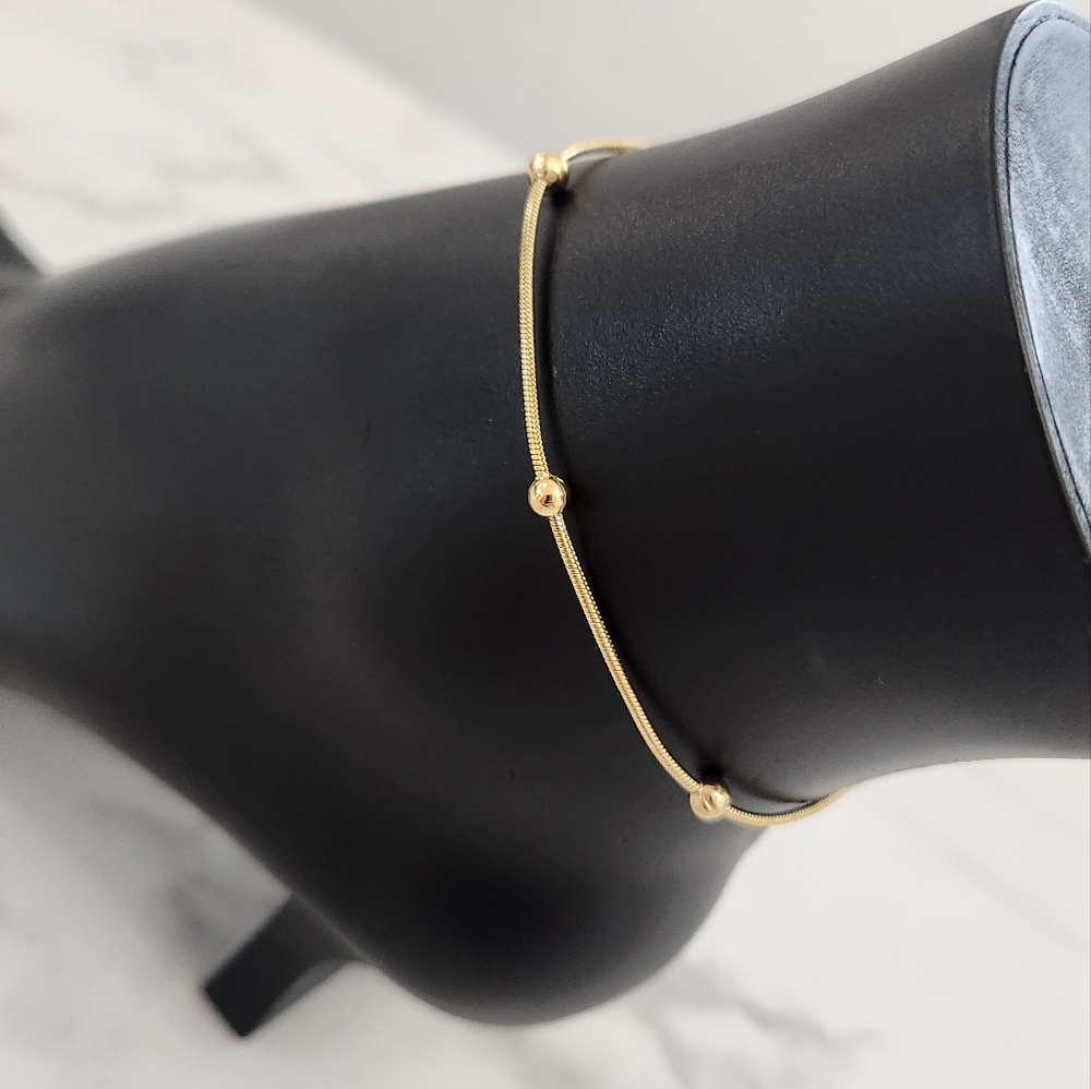 Gold Plated Anklet • Snake Chain with Round Beads • Adjustable Dainty Anklet - Picture 8 of 11